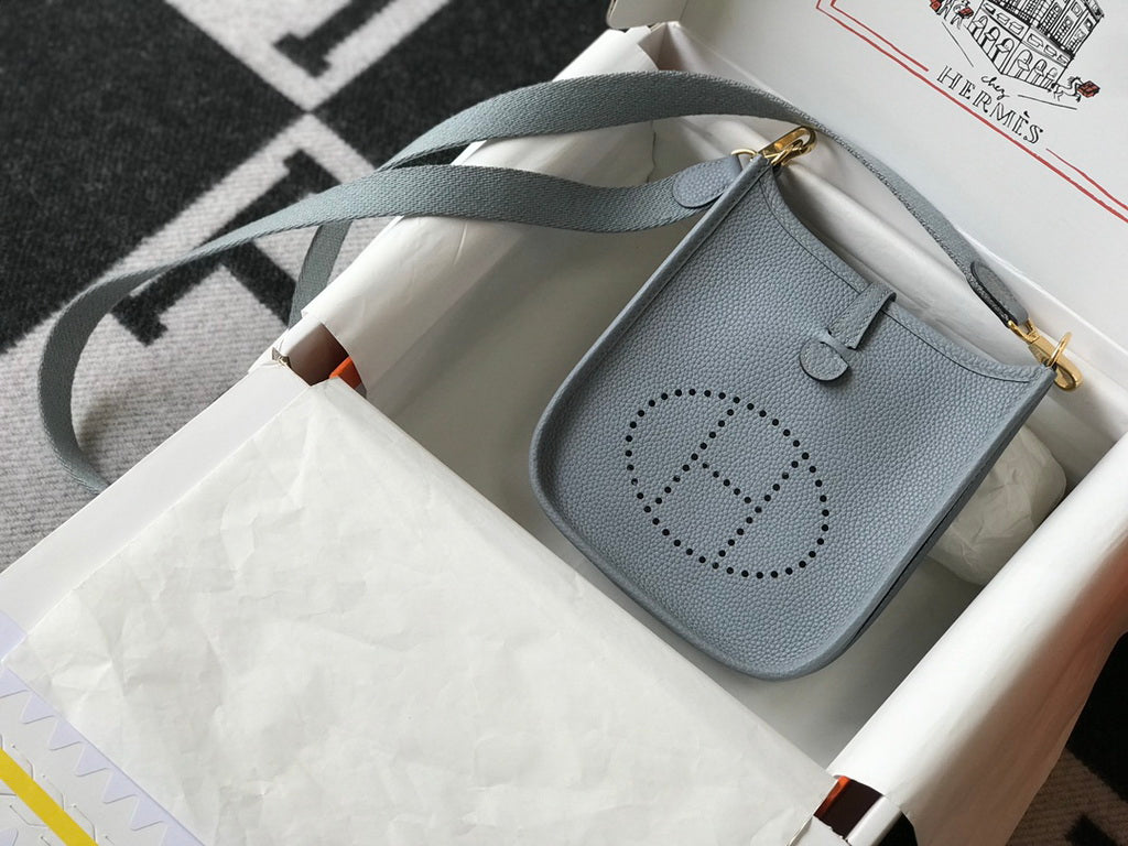 Hermes Evelyne III 18 Togo Leather Crossbody half Handmade Bag Gold Light Blue