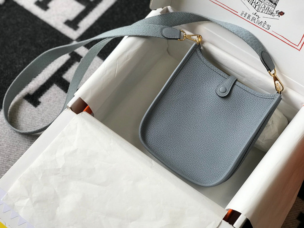 Hermes Evelyne III 18 Togo Leather Crossbody half Handmade Bag Gold Light Blue