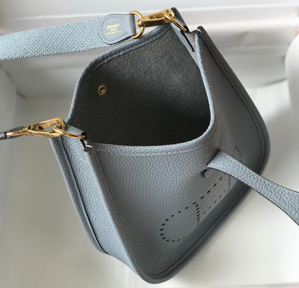 Hermes Evelyne III 18 Togo Leather Crossbody half Handmade Bag Gold Light Blue