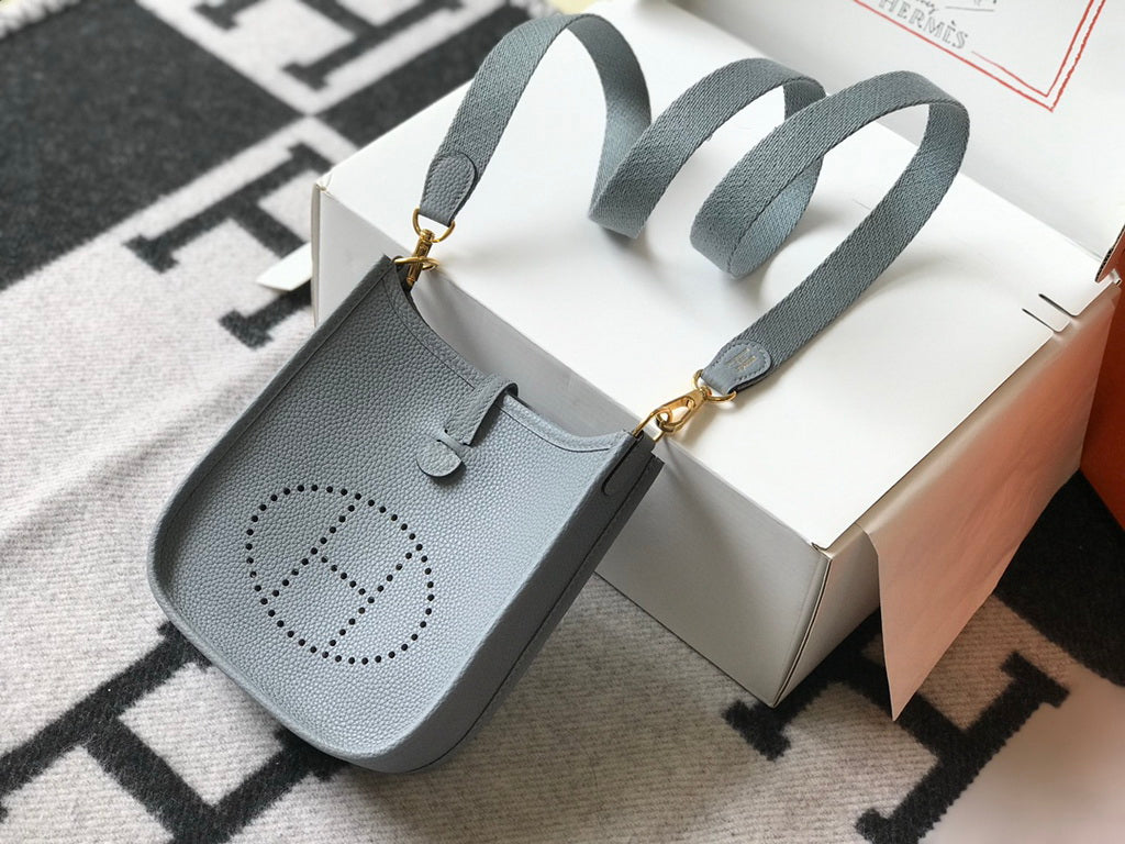 Hermes Evelyne III 18 Togo Leather Crossbody half Handmade Bag Gold Light Blue