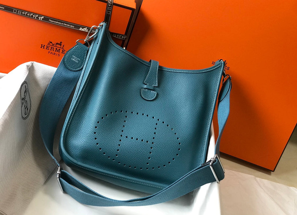 Hermès Evelyne III 29 Taurillon Clemence Shoulder Bag Blue Green Silver