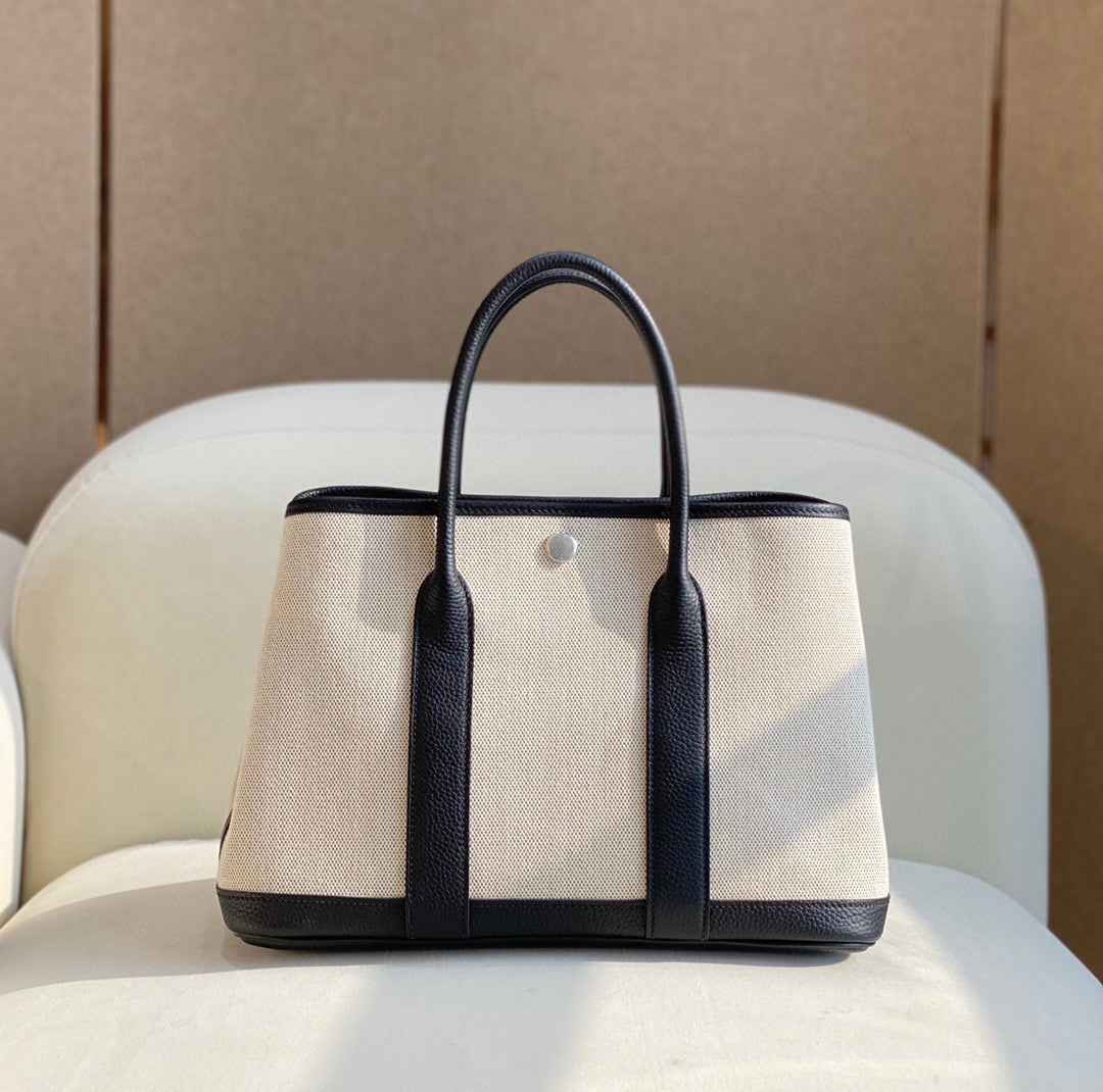 Hermes Garden Party 30 bag 38270 Beige Cloth With Black Leather