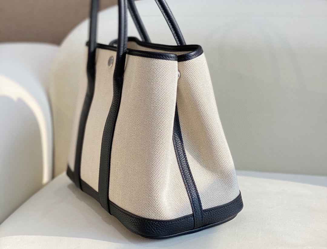 Hermes Garden Party 30 bag 38270 Beige Cloth With Black Leather