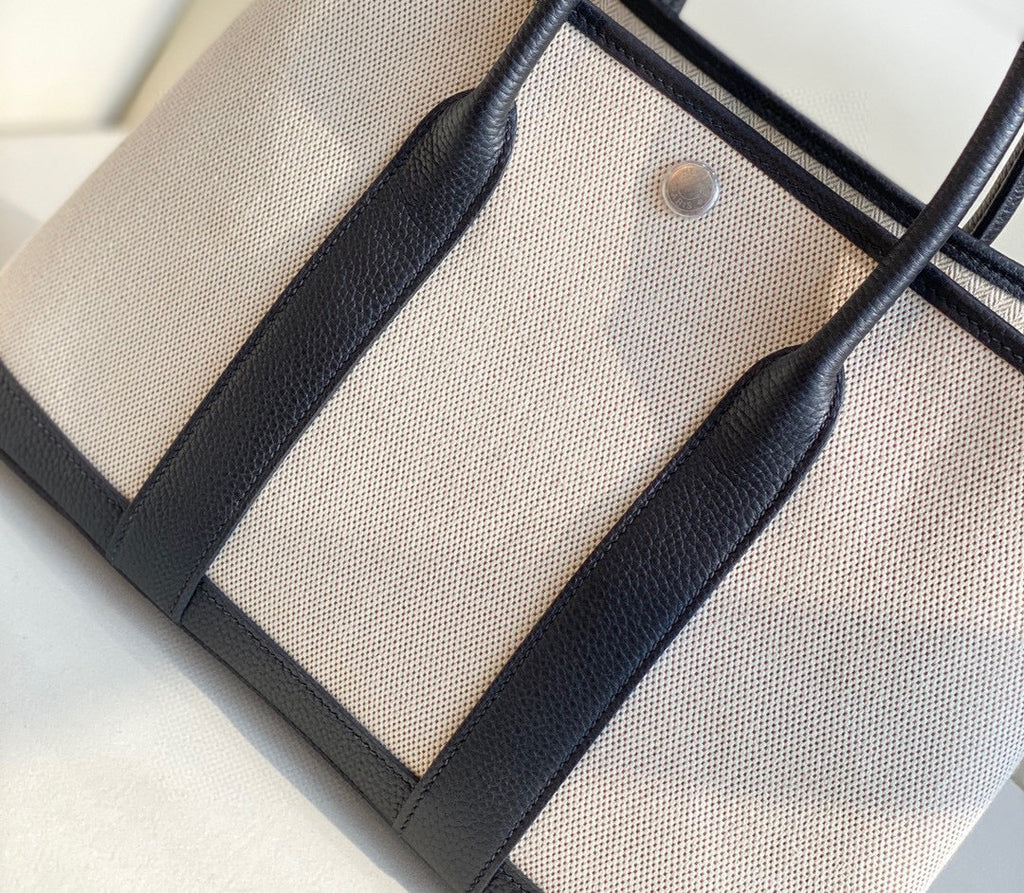 Hermes Garden Party 30 bag 38270 Beige Cloth With Black Leather
