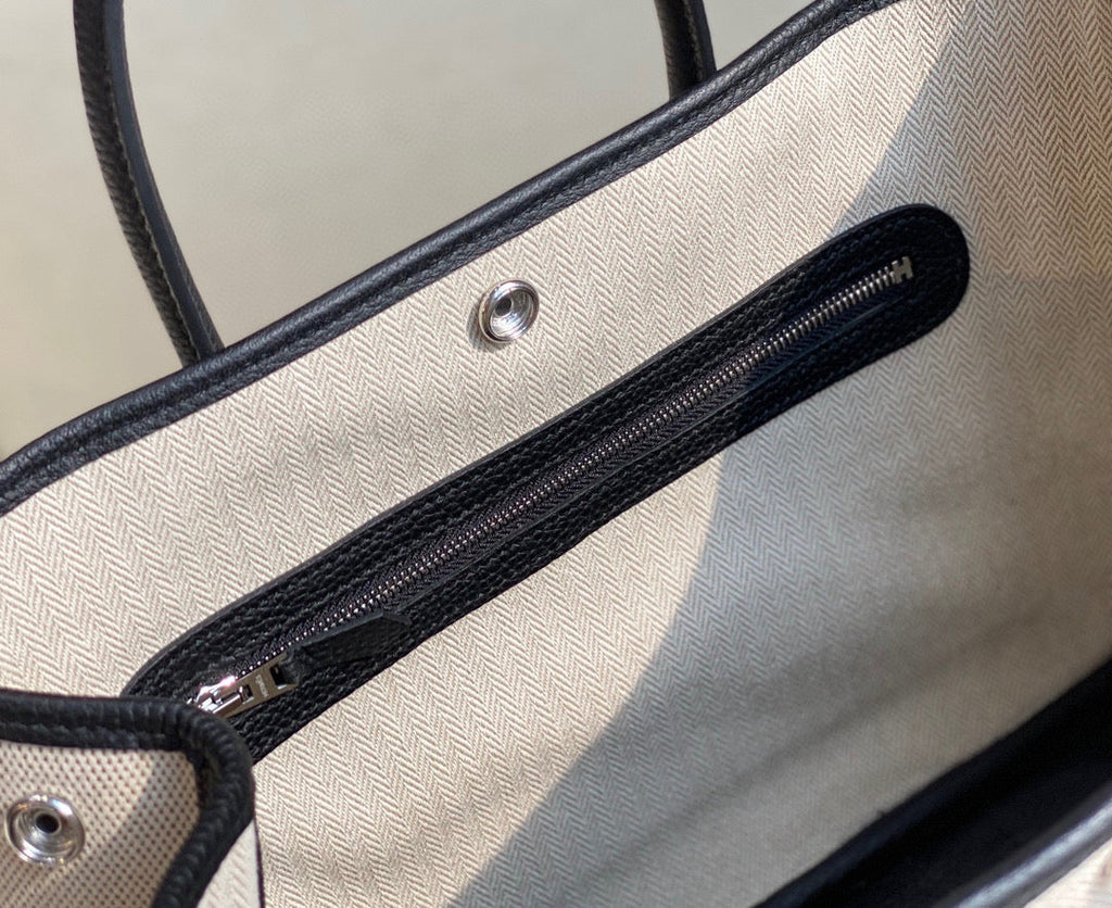 Hermes Garden Party 30 bag 38270 Beige Cloth With Black Leather