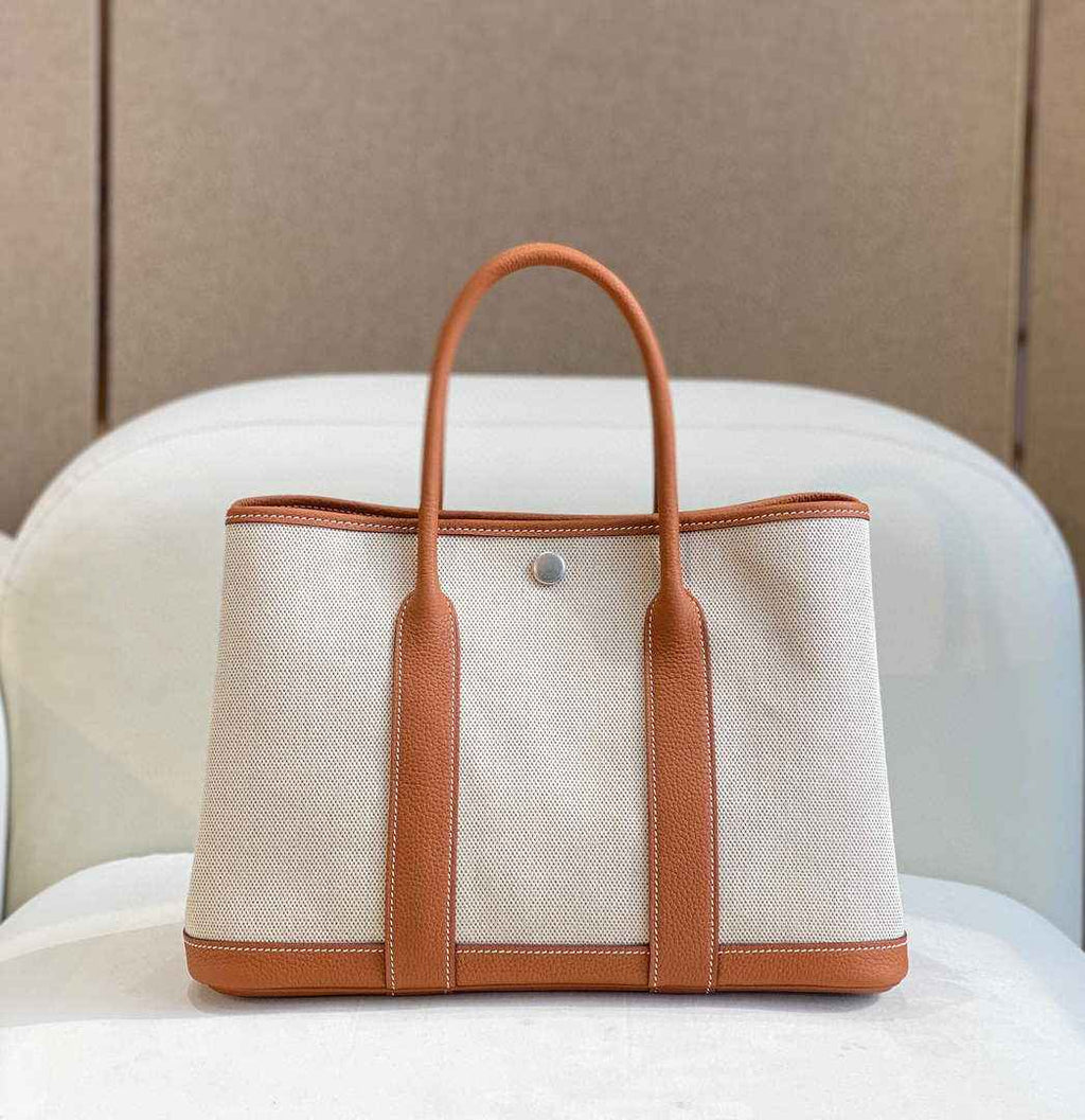 Hermes Garden Party 30 bag 38270 Beige Cloth With Camel Leather