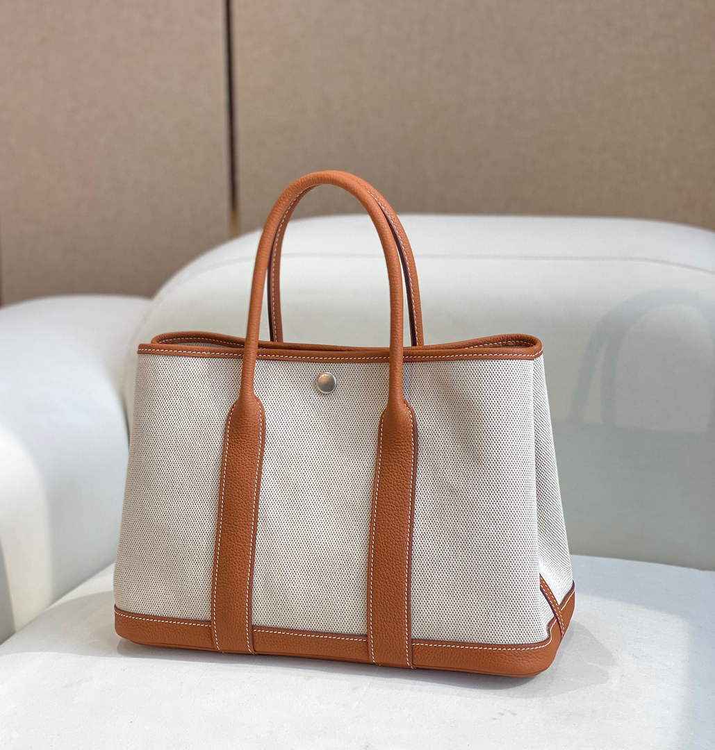Hermes Garden Party 30 bag 38270 Beige Cloth With Camel Leather