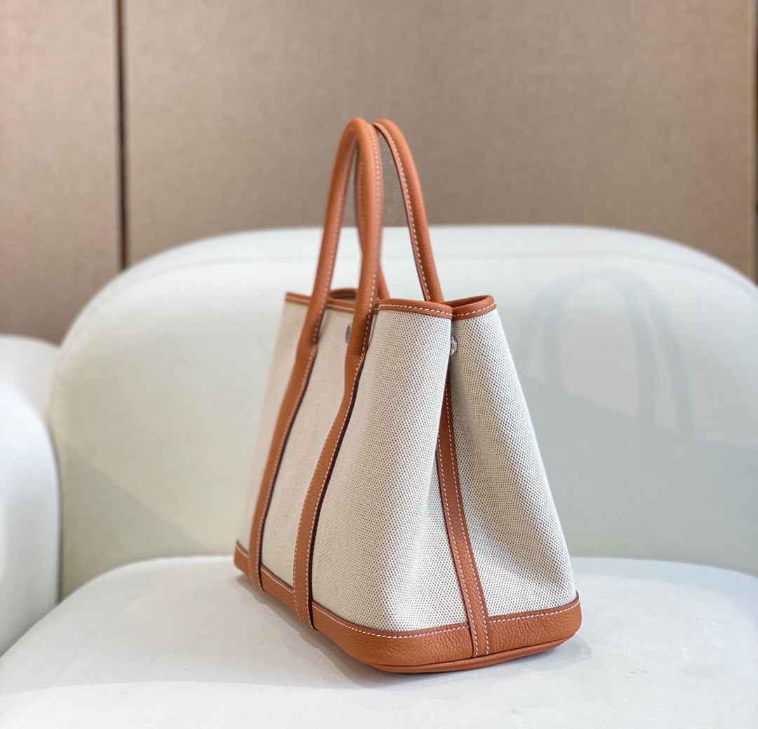 Hermes Garden Party 30 bag 38270 Beige Cloth With Camel Leather