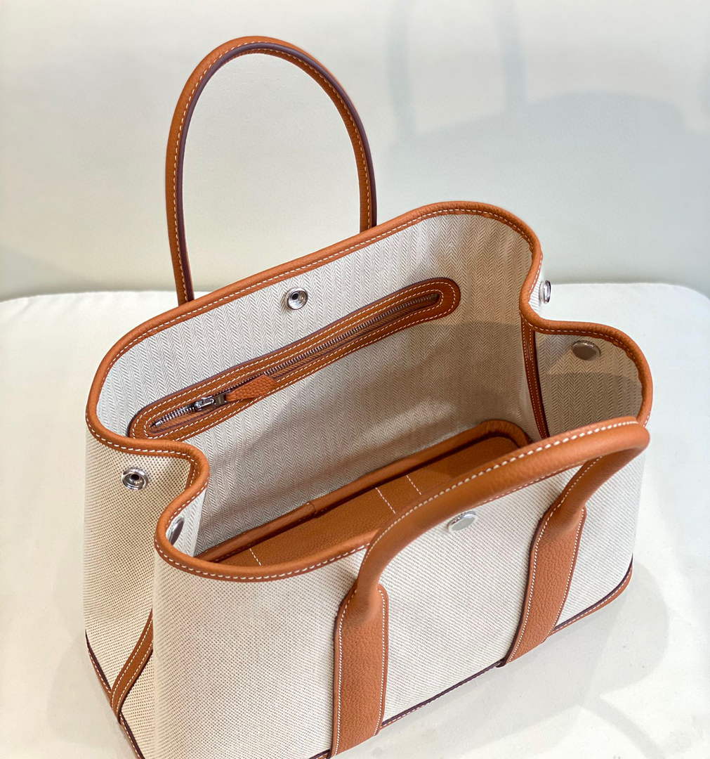 Hermes Garden Party 30 bag 38270 Beige Cloth With Camel Leather
