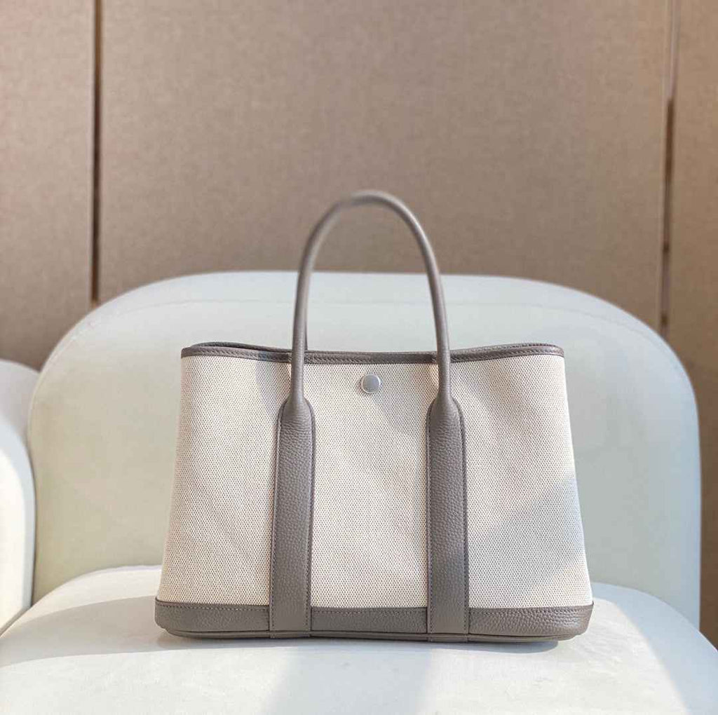 Hermes Garden Party 30 bag 38270 Beige Cloth With Gray Leather