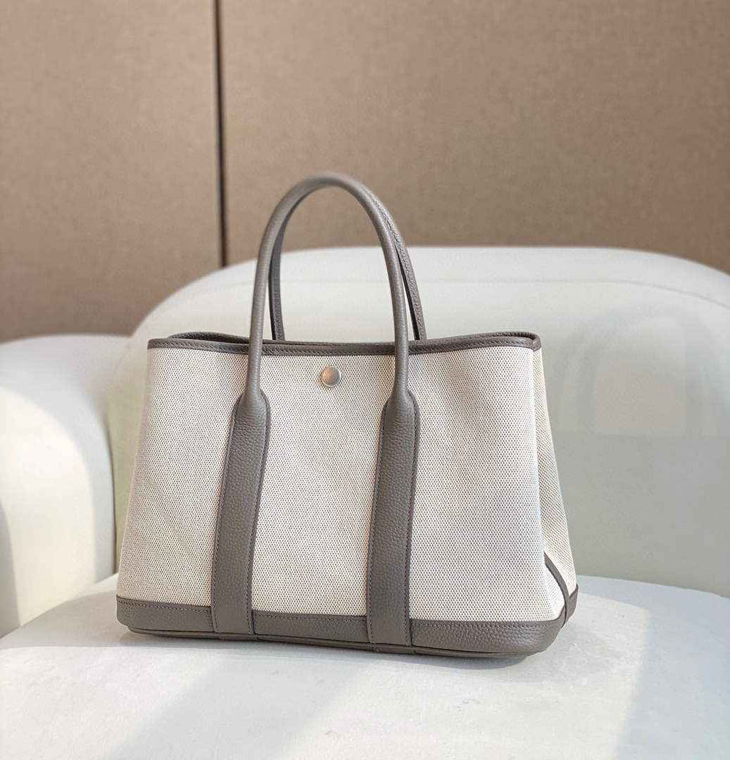 Hermes Garden Party 30 bag 38270 Beige Cloth With Gray Leather