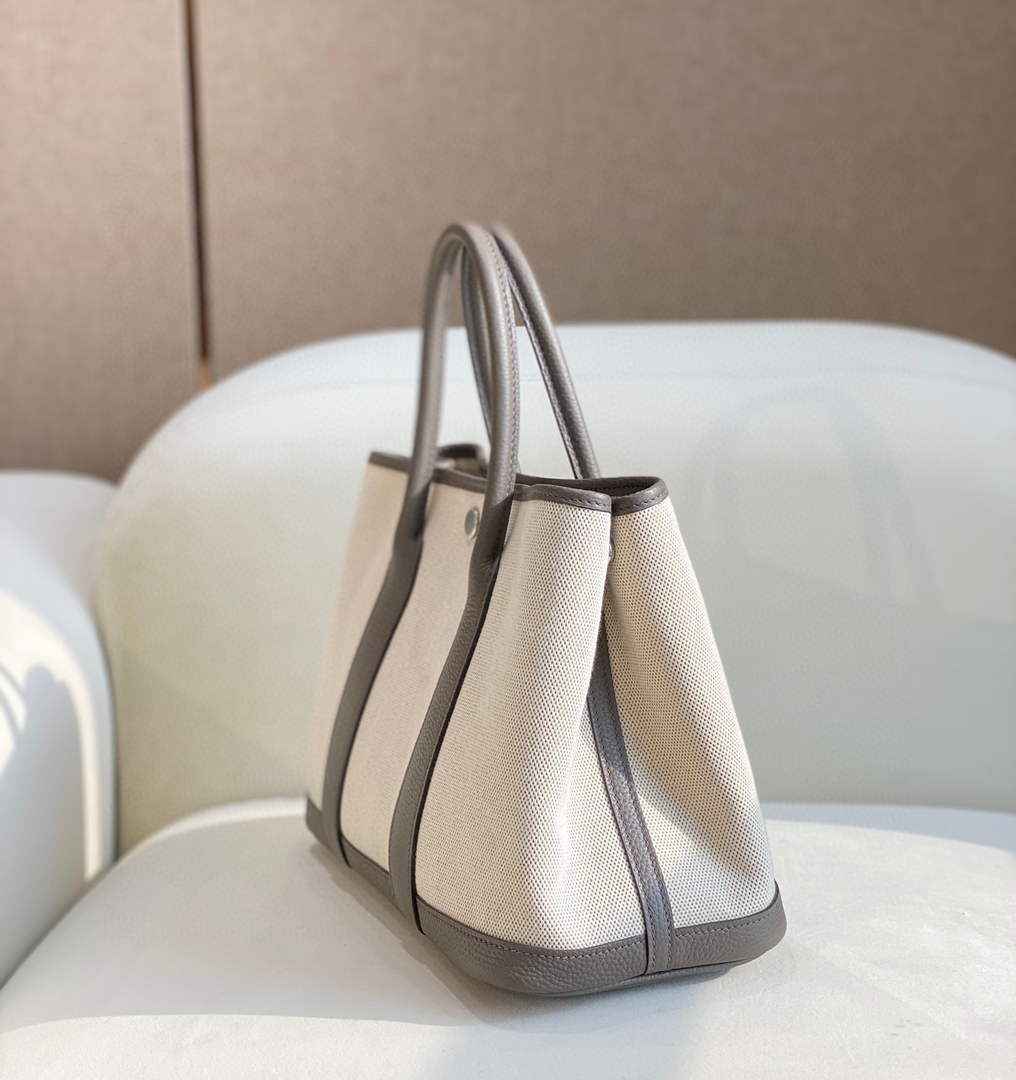 Hermes Garden Party 30 bag 38270 Beige Cloth With Gray Leather