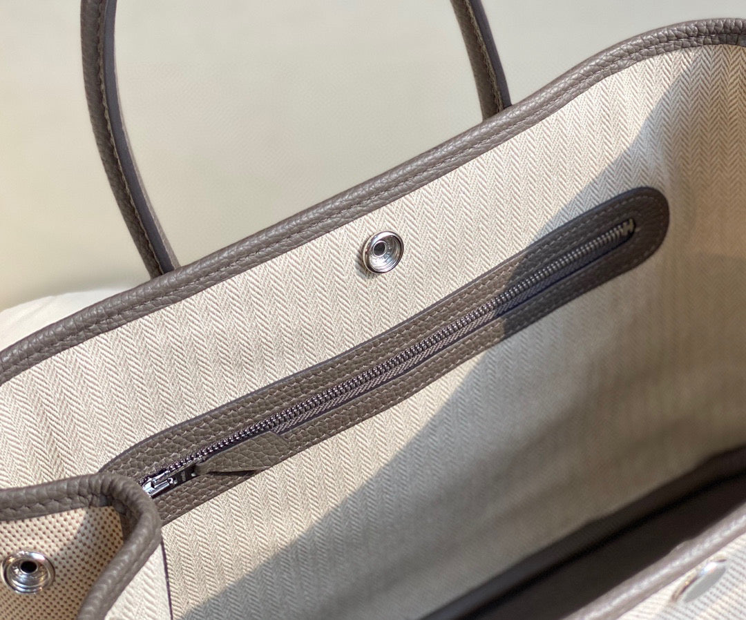 Hermes Garden Party 30 bag 38270 Beige Cloth With Gray Leather