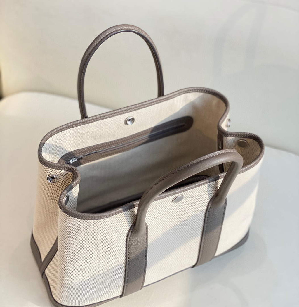 Hermes Garden Party 30 bag 38270 Beige Cloth With Gray Leather
