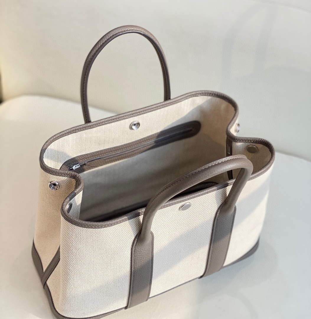 Hermes Garden Party 30 bag 38270 Beige Cloth With Gray Leather