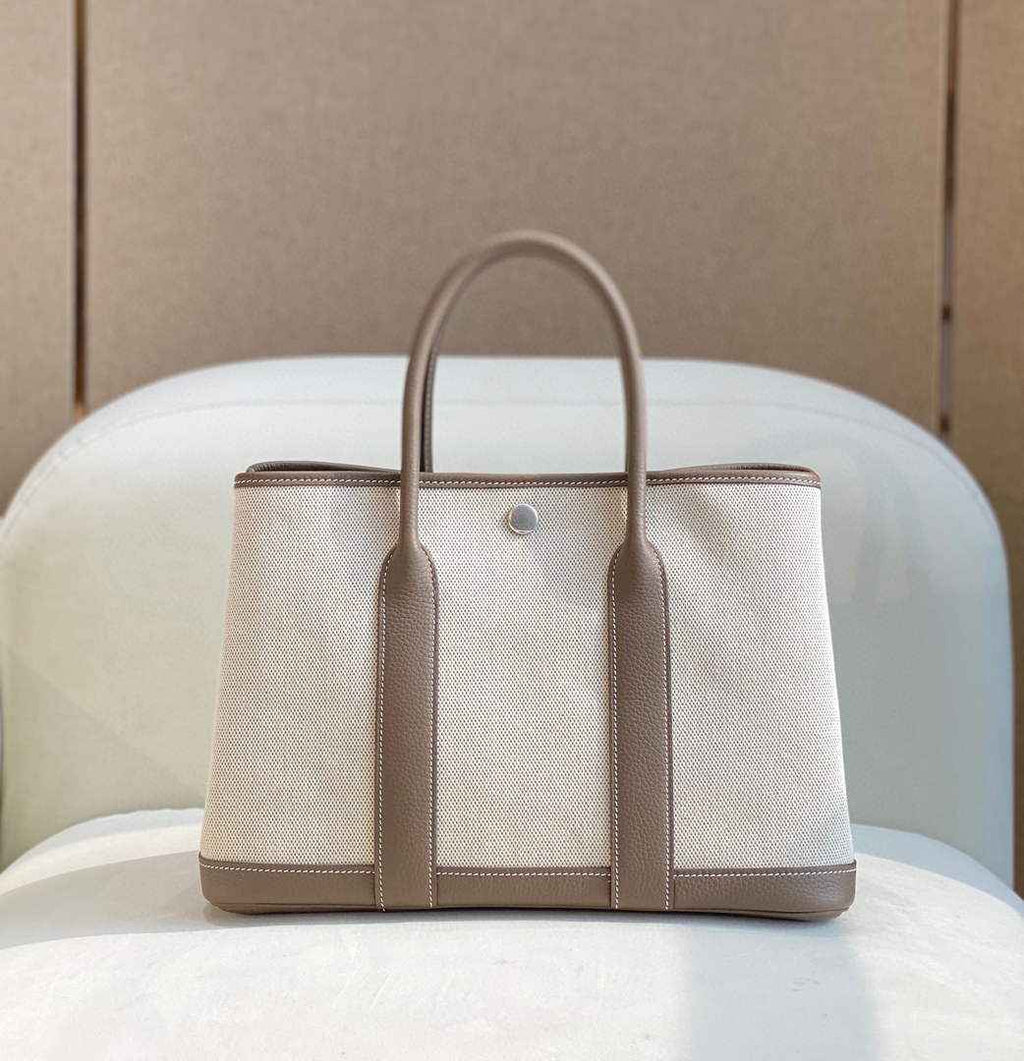 Hermes Garden Party 30 bag 38270 Beige Cloth With Light Gray Leather