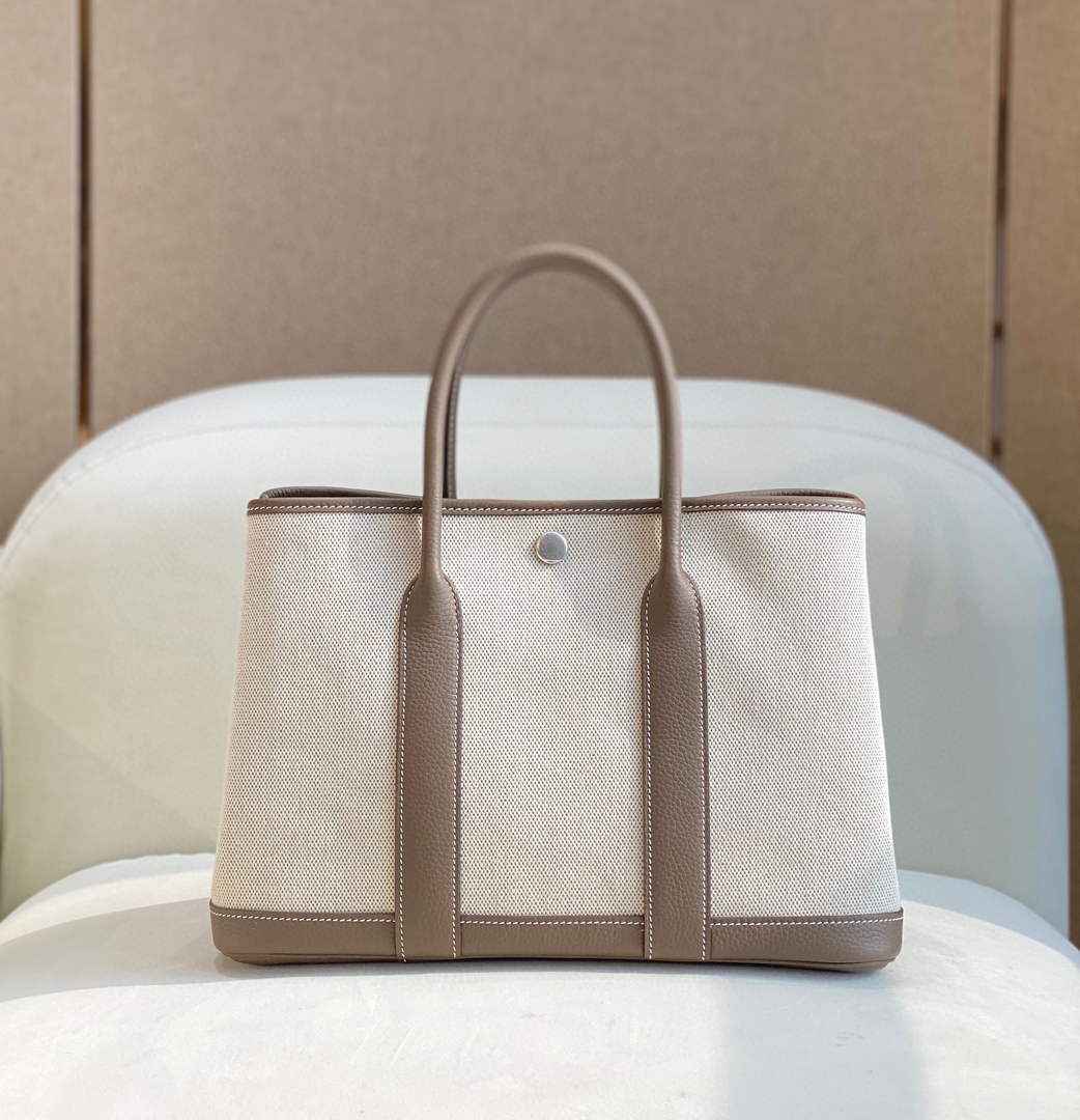 Hermes Garden Party 30 bag 38270 Beige Cloth With Light Gray Leather