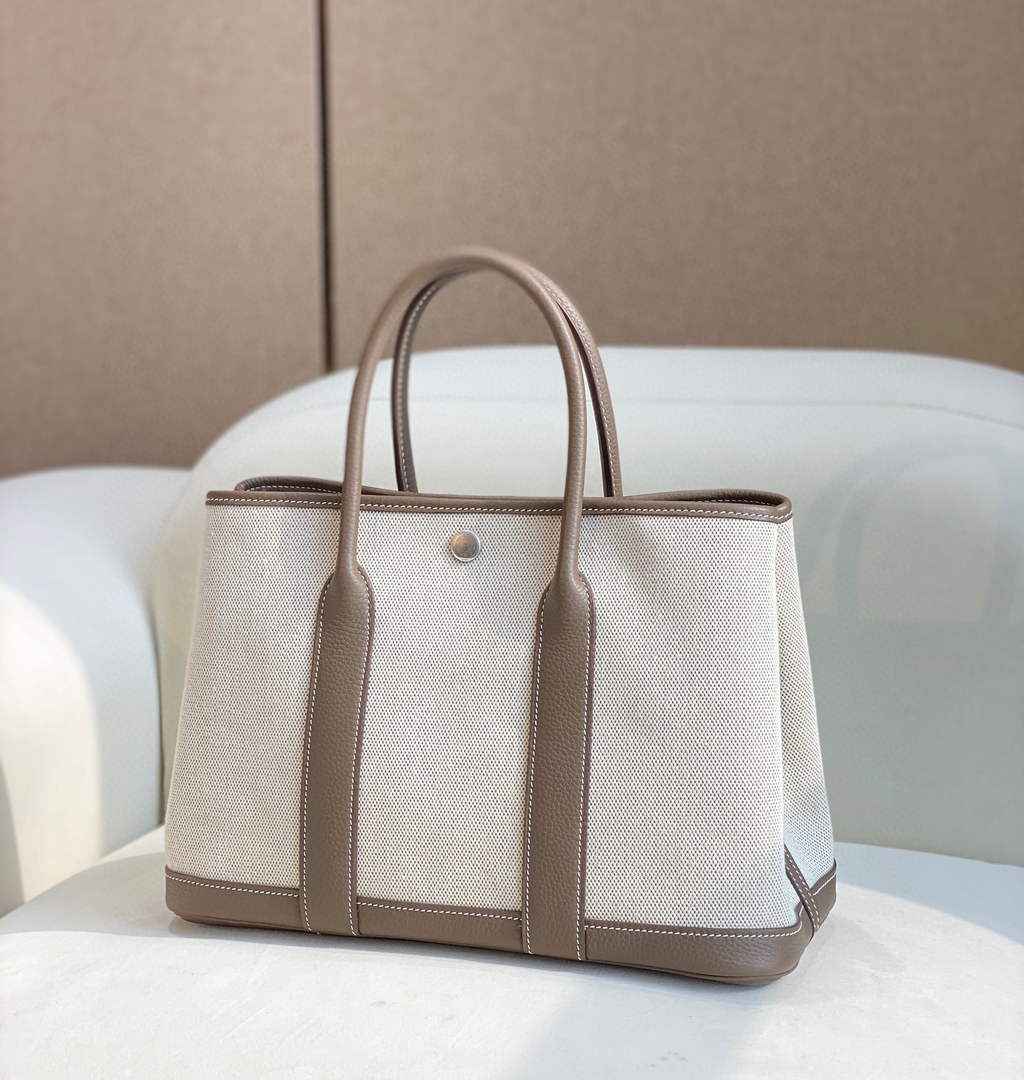 Hermes Garden Party 30 bag 38270 Beige Cloth With Light Gray Leather