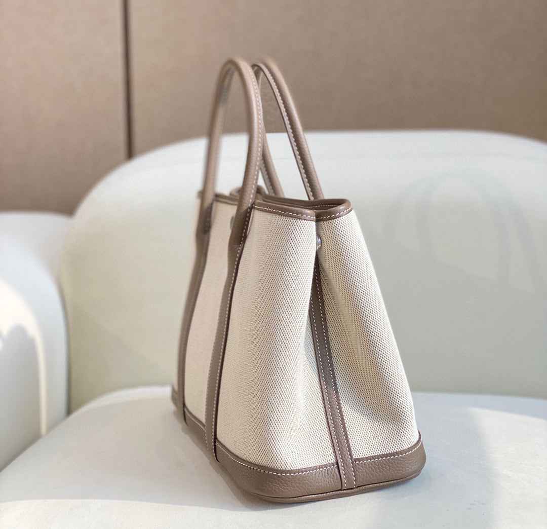 Hermes Garden Party 30 bag 38270 Beige Cloth With Light Gray Leather