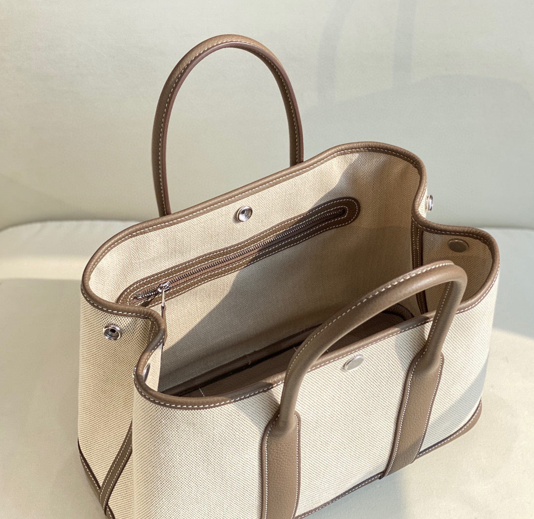 Hermes Garden Party 30 bag 38270 Beige Cloth With Light Gray Leather