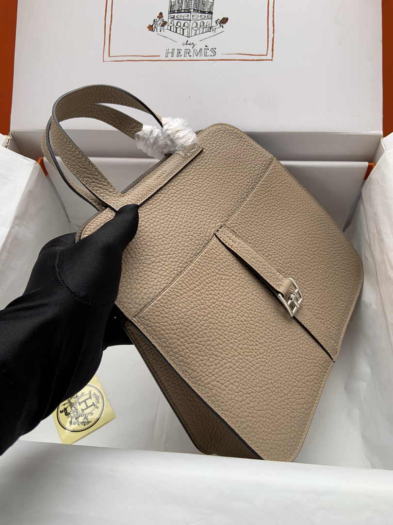 Hermes Halzan 25 Bag Khaki Togo Leather Silver H082171