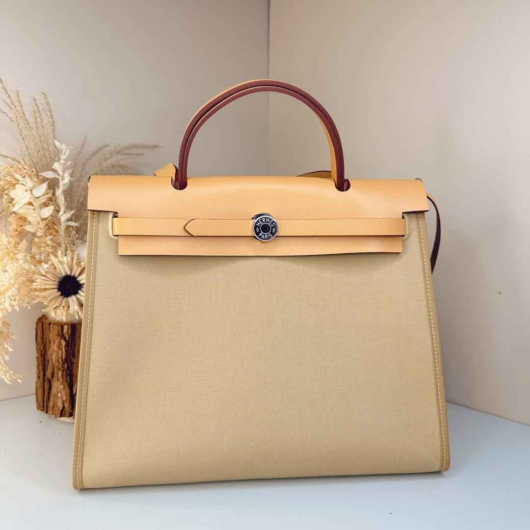 Hermès Herbag Zip 31 hobnailed bag h085131 apricot gray