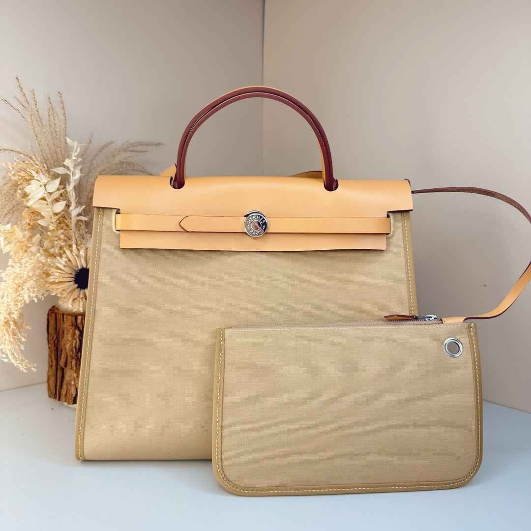 Hermès Herbag Zip 31 hobnailed bag h085131 apricot gray