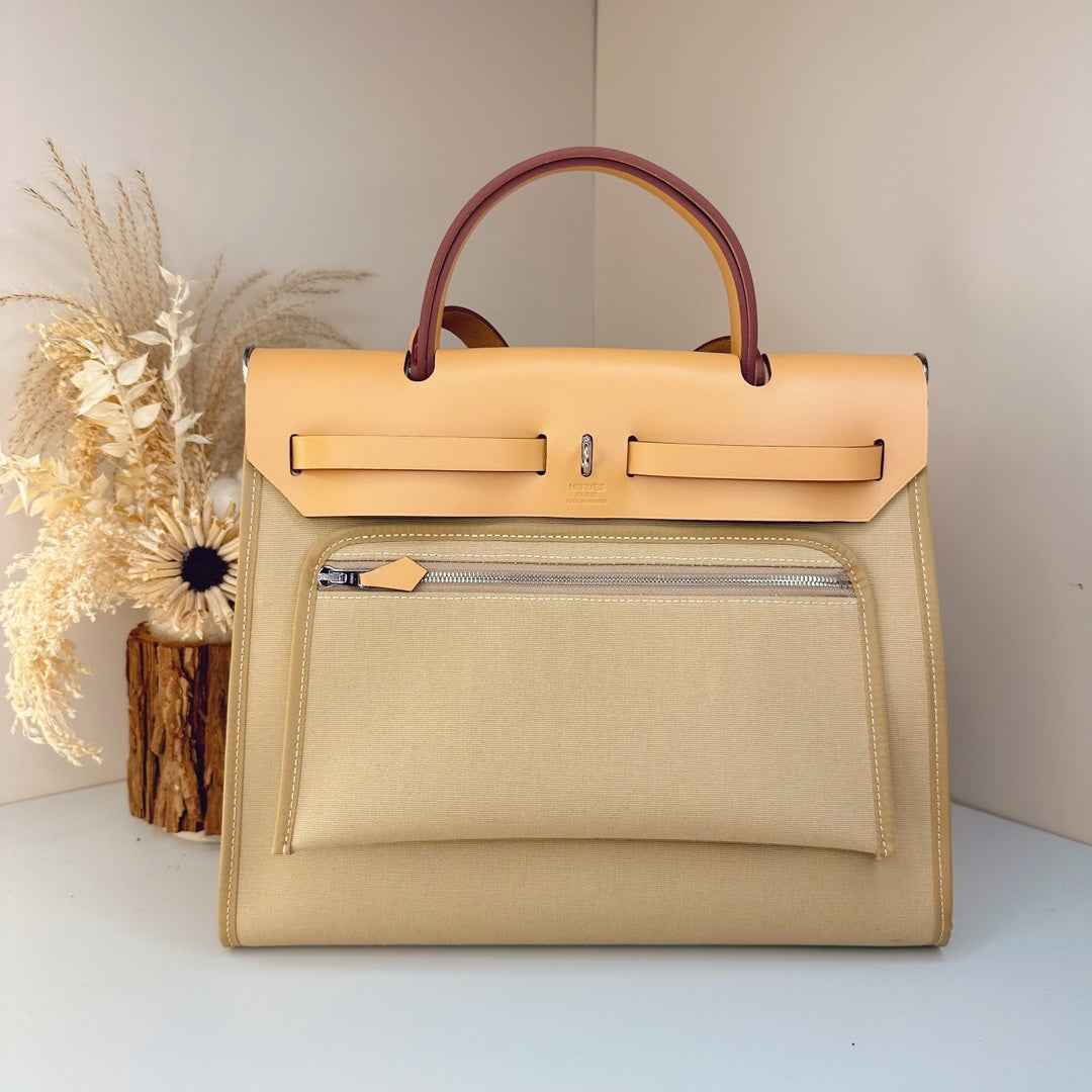 Hermès Herbag Zip 31 hobnailed bag h085131 apricot gray
