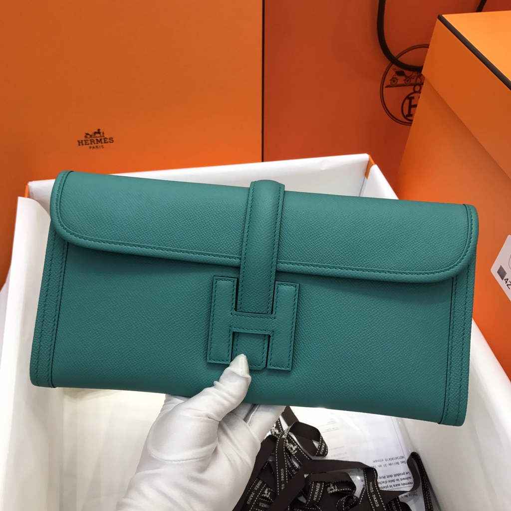 Hermes Jige 29 Wallet Clutch In Epsom Leather Blue Green