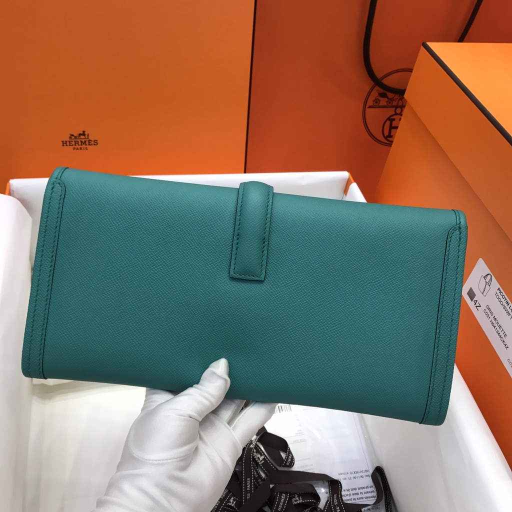Hermes Jige 29 Wallet Clutch In Epsom Leather Blue Green