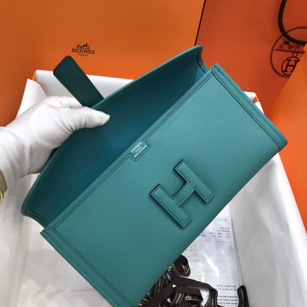 Hermes Jige 29 Wallet Clutch In Epsom Leather Blue Green