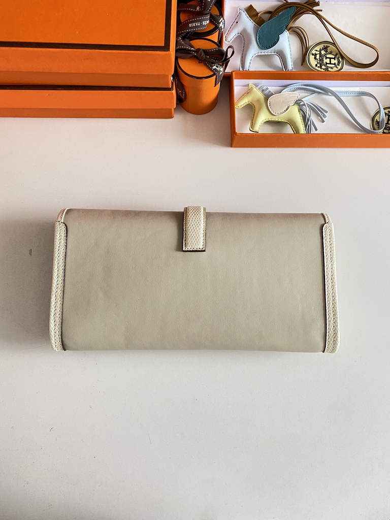 Hermes Jige Elan 29cm Wallet Clutch Swift Leather Beige lizard