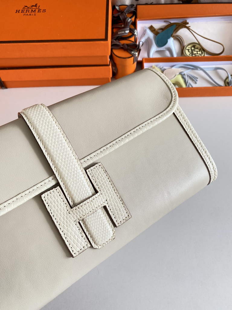 Hermes Jige Elan 29cm Wallet Clutch Swift Leather Beige lizard
