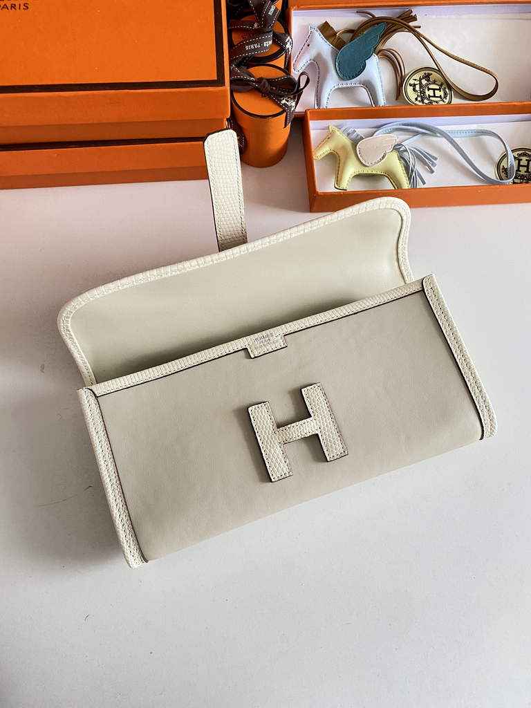 Hermes Jige Elan 29cm Wallet Clutch Swift Leather Beige lizard