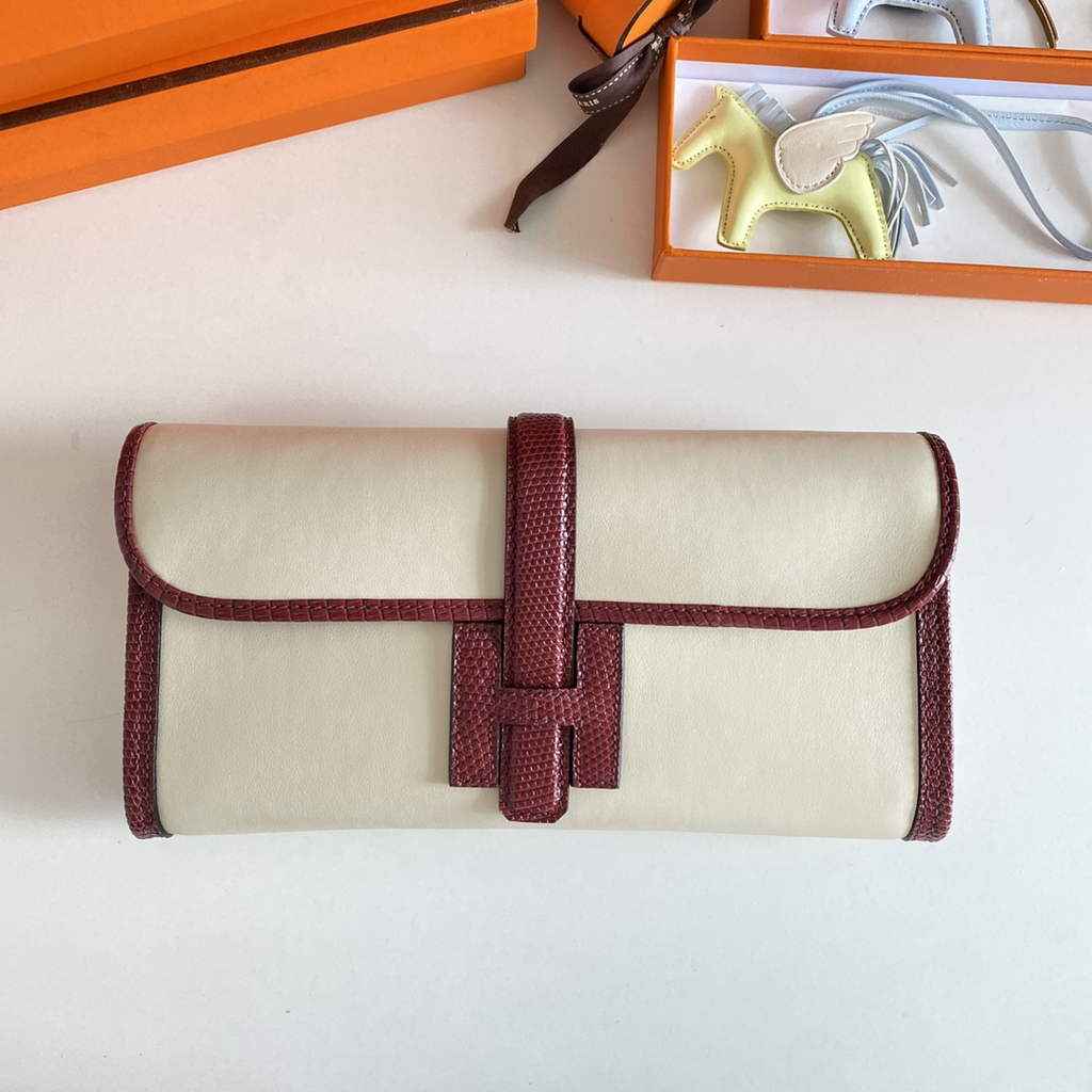 Hermes Jige Elan 29cm Wallet Clutch Swift Leather Beige Red lizard