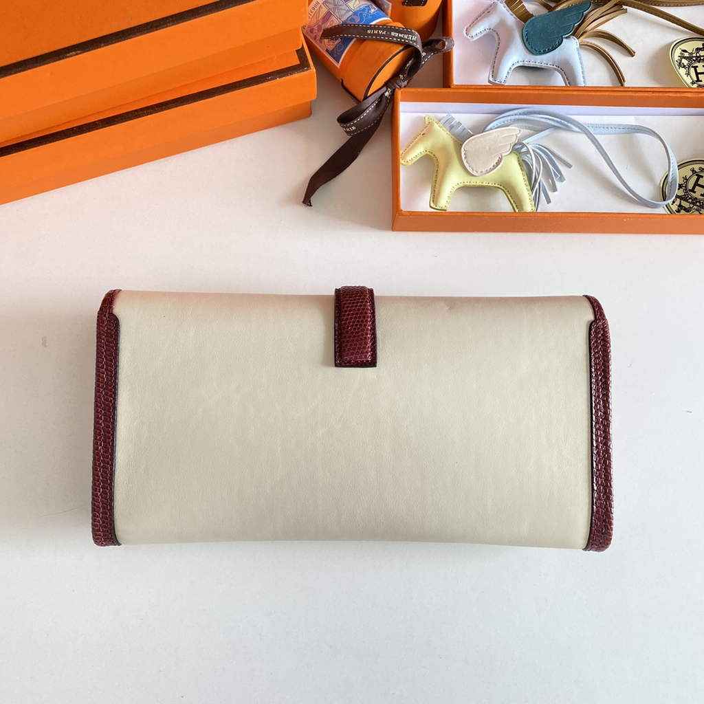 Hermes Jige Elan 29cm Wallet Clutch Swift Leather Beige Red lizard