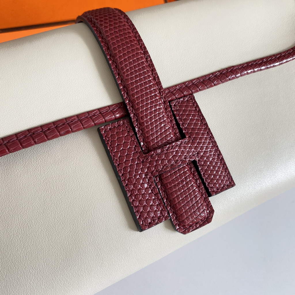 Hermes Jige Elan 29cm Wallet Clutch Swift Leather Beige Red lizard