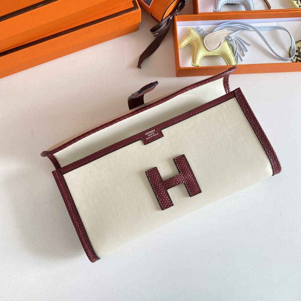Hermes Jige Elan 29cm Wallet Clutch Swift Leather Beige Red lizard
