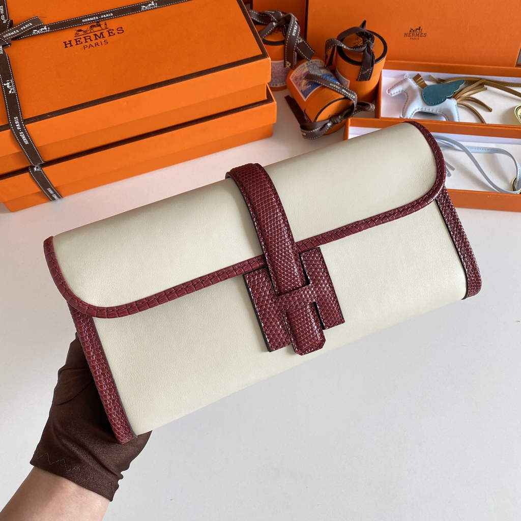 Hermes Jige Elan 29cm Wallet Clutch Swift Leather Beige Red lizard