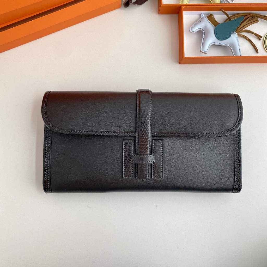Hermes Jige Elan 29cm Wallet Clutch Swift Leather Black lizard