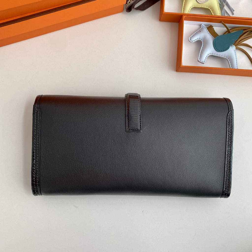 Hermes Jige Elan 29cm Wallet Clutch Swift Leather Black lizard