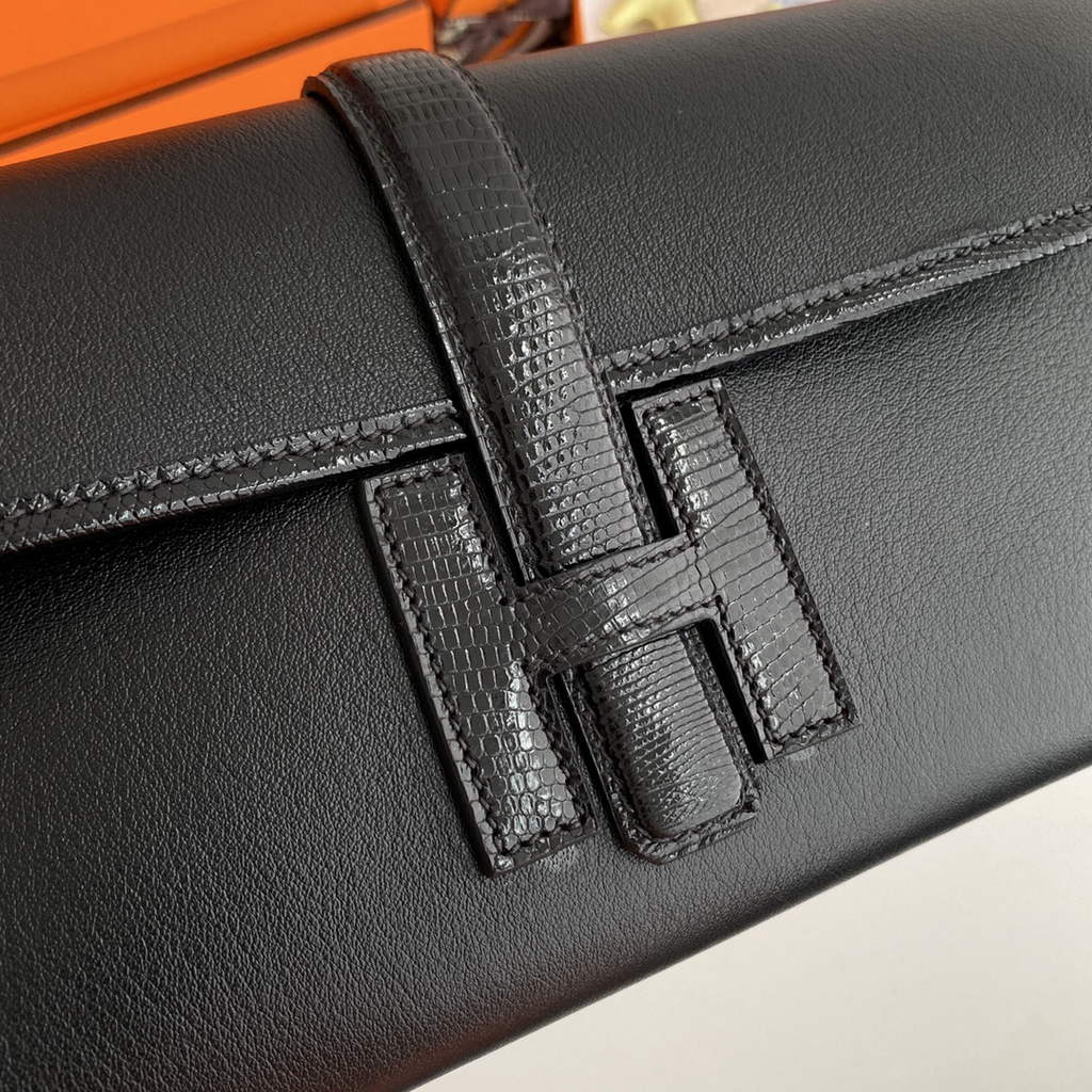 Hermes Jige Elan 29cm Wallet Clutch Swift Leather Black lizard