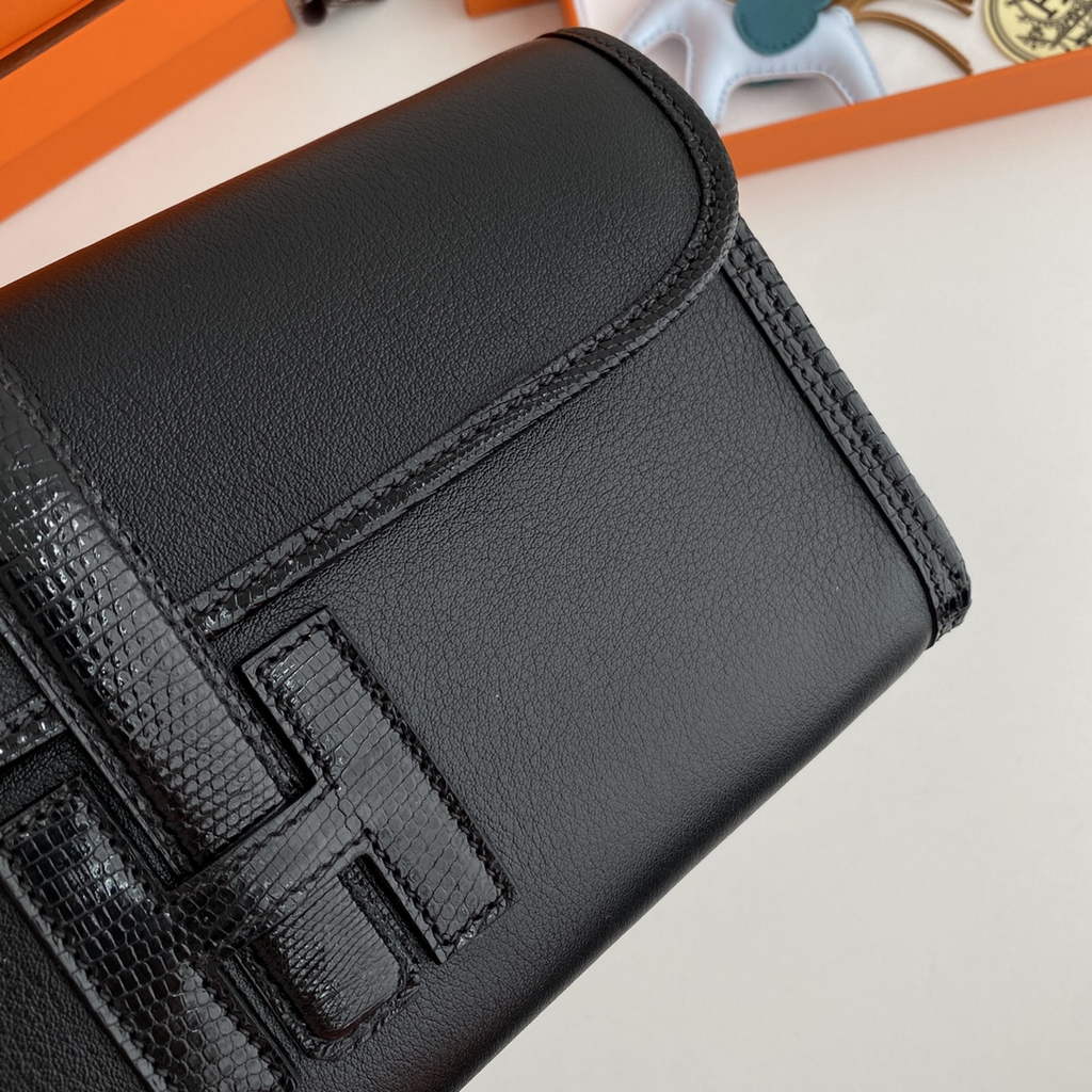 Hermes Jige Elan 29cm Wallet Clutch Swift Leather Black lizard