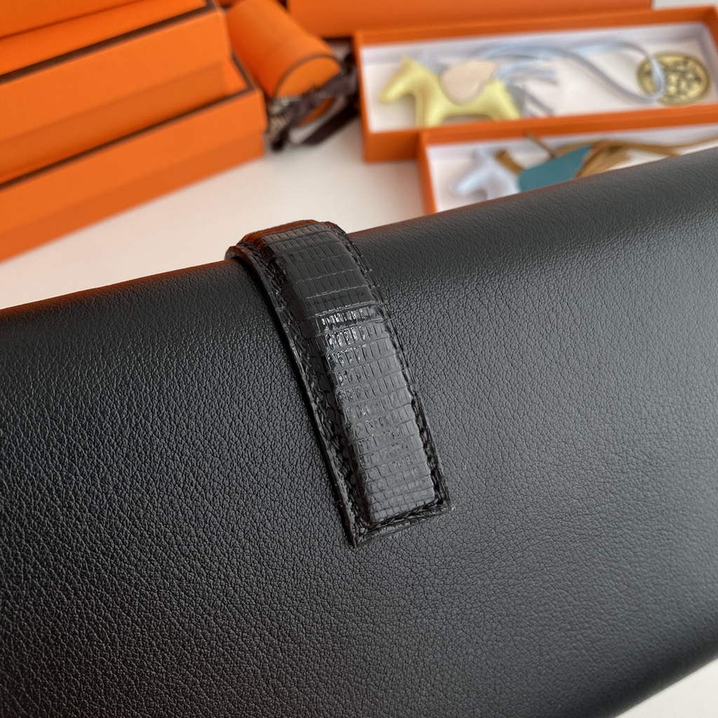 Hermes Jige Elan 29cm Wallet Clutch Swift Leather Black lizard