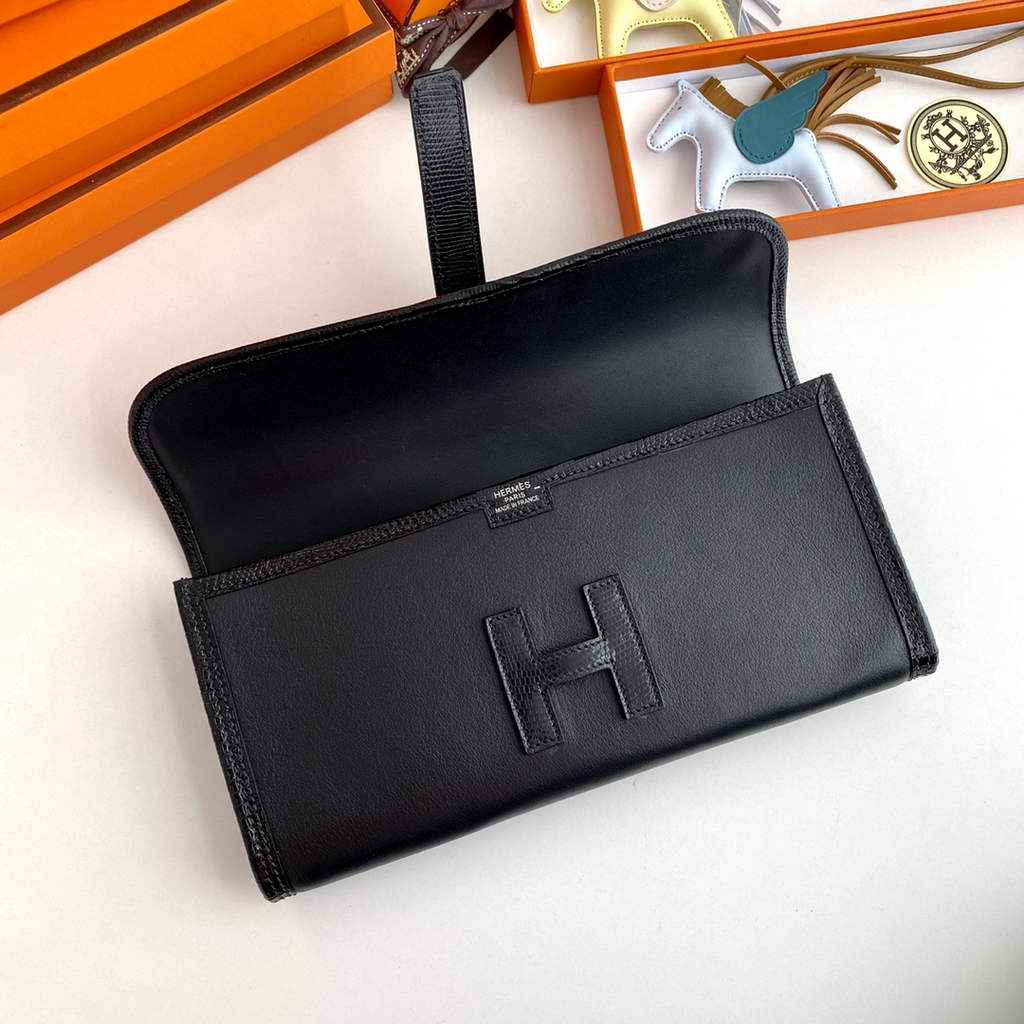 Hermes Jige Elan 29cm Wallet Clutch Swift Leather Black lizard