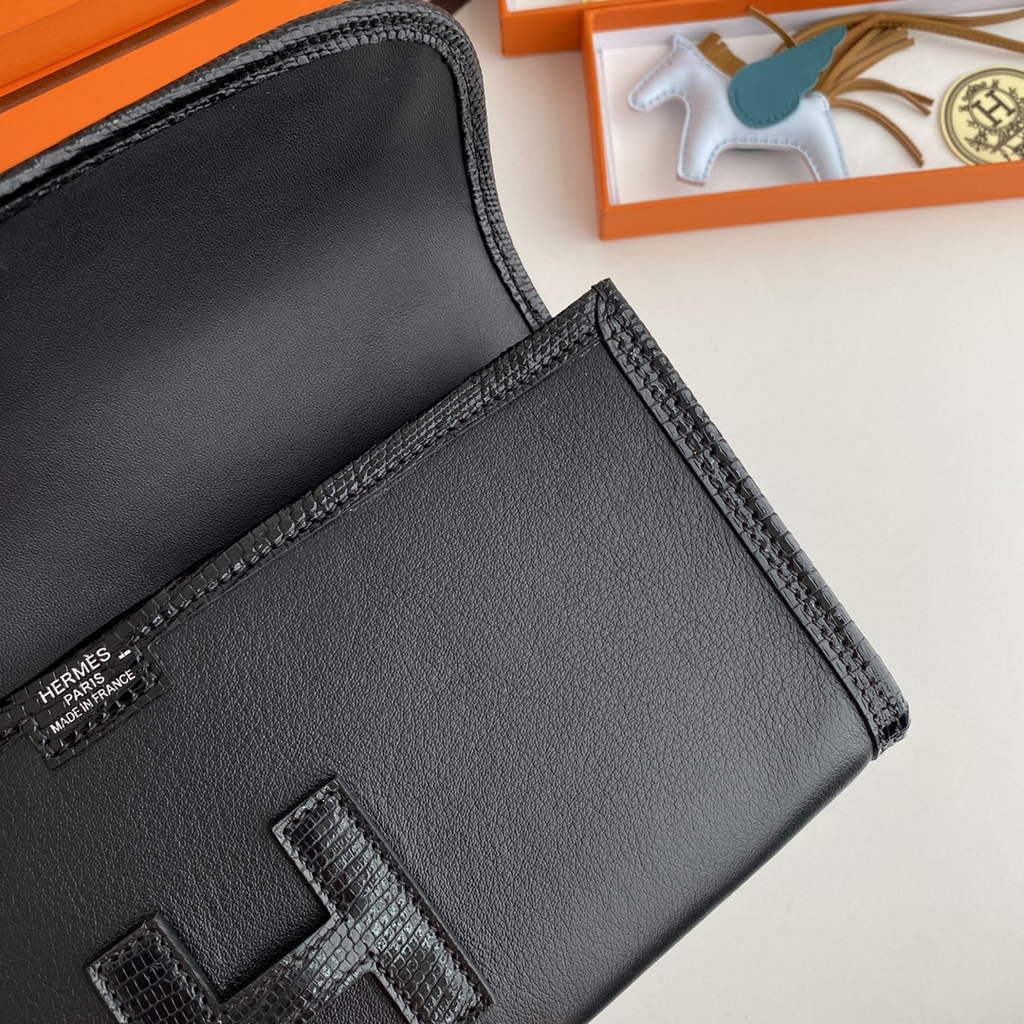 Hermes Jige Elan 29cm Wallet Clutch Swift Leather Black lizard