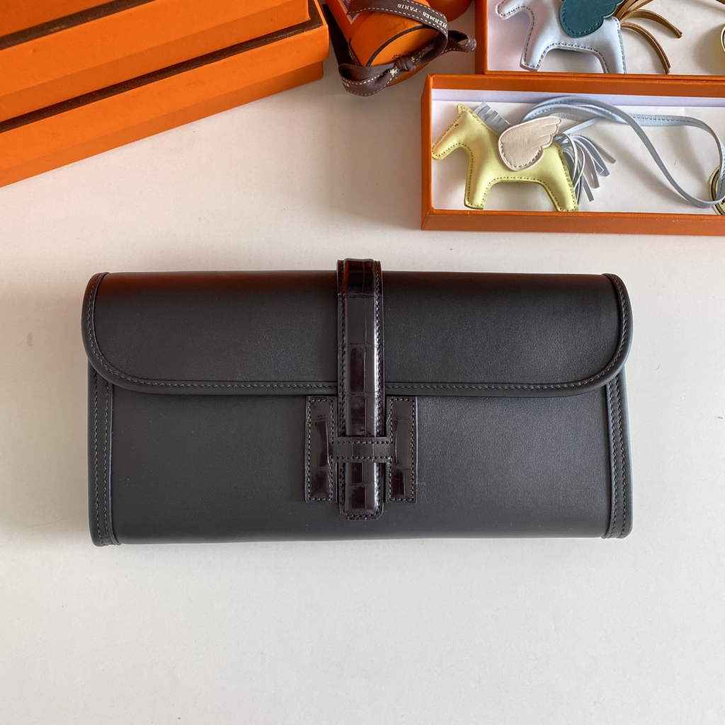 Hermes Jige Elan 29cm Wallet Clutch Swift Leather Crocodile Black
