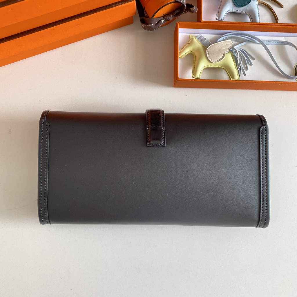 Hermes Jige Elan 29cm Wallet Clutch Swift Leather Crocodile Black