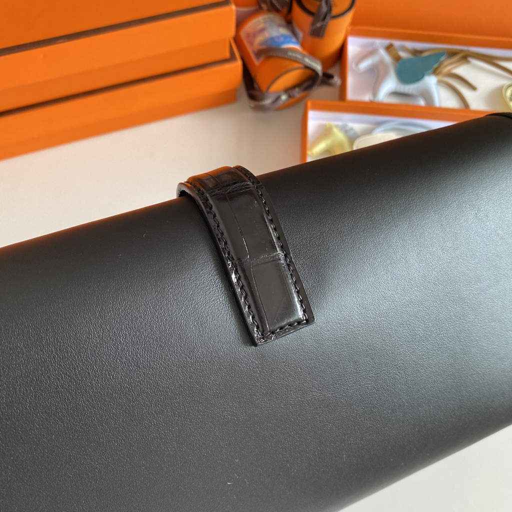 Hermes Jige Elan 29cm Wallet Clutch Swift Leather Crocodile Black