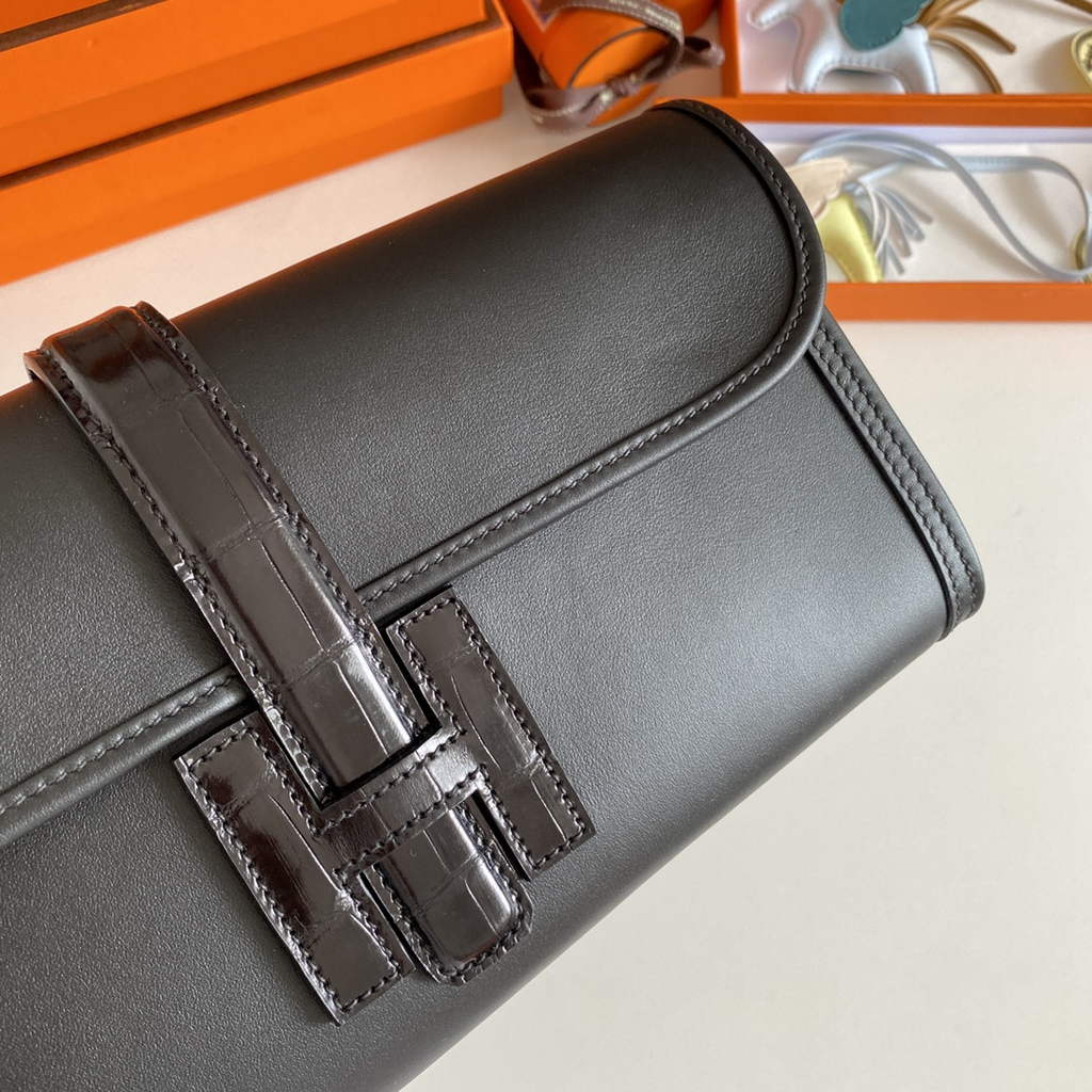 Hermes Jige Elan 29cm Wallet Clutch Swift Leather Crocodile Black